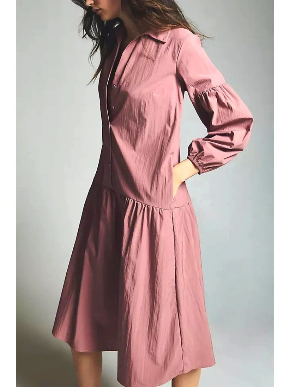 Maeve Anthropologie TaffetaMidi Dress Boho Collar V-neck Half Puff Sleeve Size L